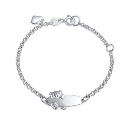 Bling Jewelry Personalized Name Bar Teddy Bear ID Identification Bracelet Women Teen .925 Silver Sterling Small Wrists 5-6 Inch Adjust