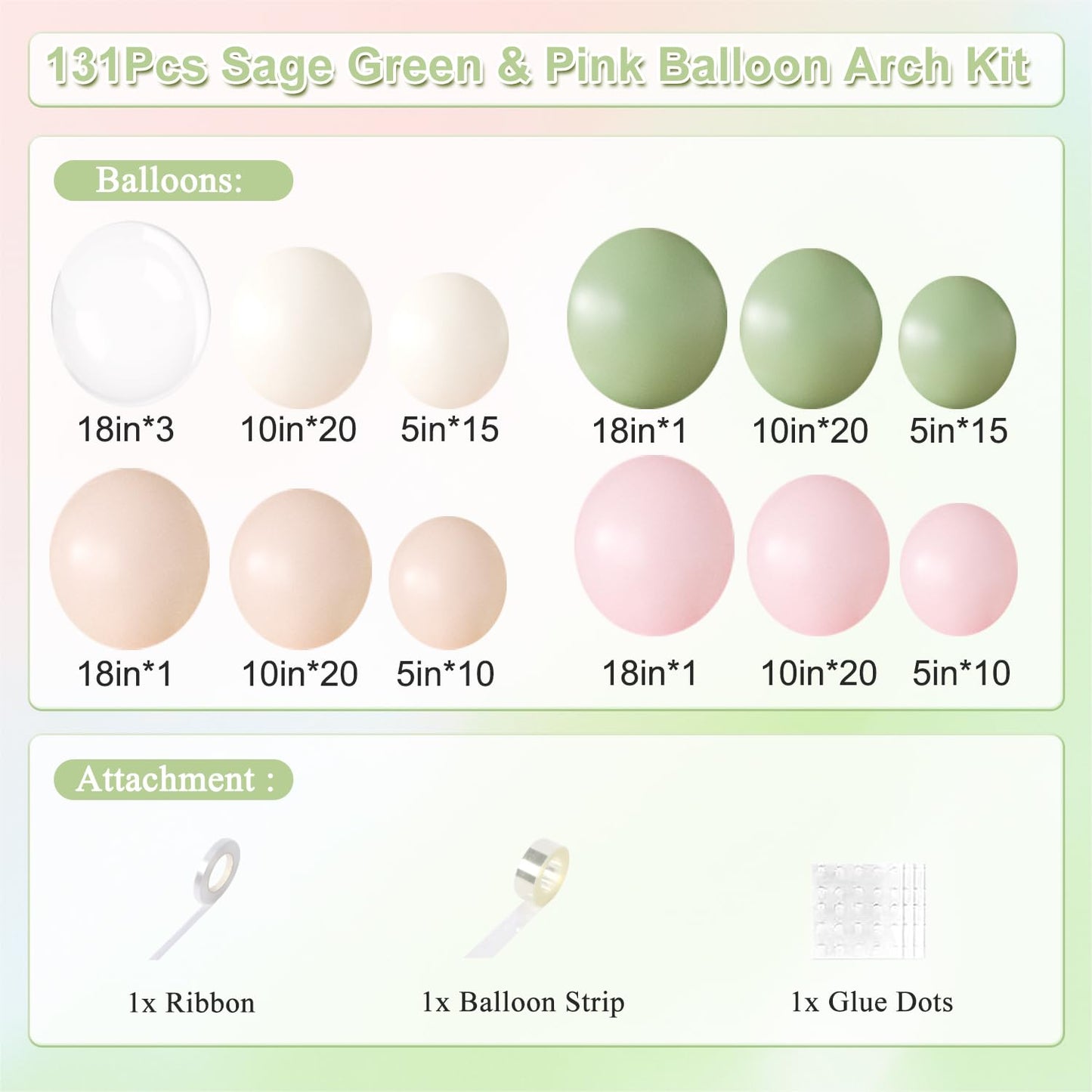 Sage Green Pink Balloon Arch kit,131Pcs Pastel Pink Green Sand White Peach Balloon Arch Graland Kit for Baby Shower Wedding Bridal Birthday Gender Reveal Party Decorations