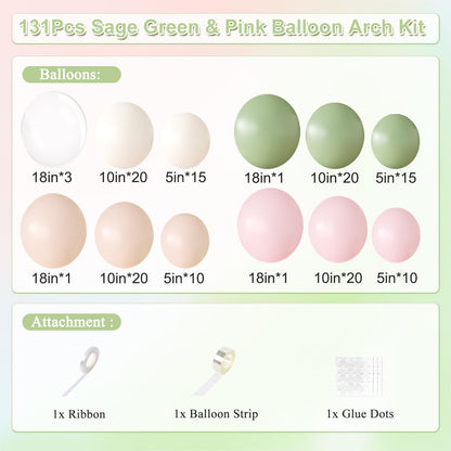 Sage Green Pink Balloon Arch kit,131Pcs Pastel Pink Green Sand White Peach Balloon Arch Graland Kit for Baby Shower Wedding Bridal Birthday Gender Reveal Party Decorations