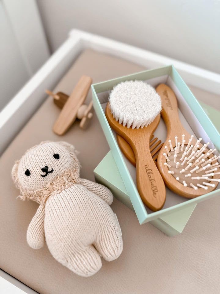 4 Piece Wooden Baby Hair Brush and Comb Set for Newborns & Toddlers in Chic Gift Box - Ultra Soft Natural Goat Hair and Wood Baby Brush Set Prevents Cradle Cap - Perfect Registry Gift (Pink)