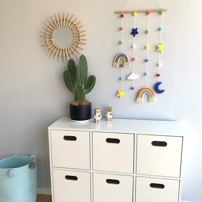 Macrame Rainbow Wall Hanging for Nursery Room,URMAGIC Rainbow Hanging Photo Display with Pom Pom Ball and 25 Photo Clips,Wood Mobile Bed Bell with Moon,Cloud and Stars,Baby Crib Hanging Toys