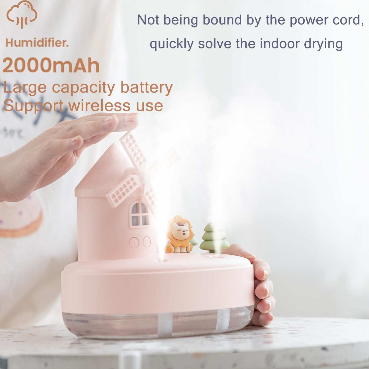 Humidifier for Bedroom,Portable Humidifier,Baby humidifier with rotating windmill and music box,double spray nozzles,two spray modes and Ambient Light,suitable for children,bedroom and office