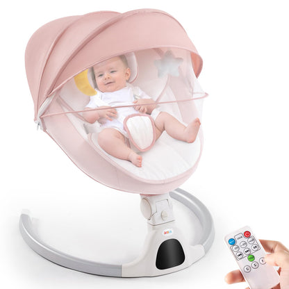 Jaoul Baby Swing for Infants - Electric Portable Newborn Bouncer With Bluetooth Touch Screen/Remote Control, Timing Function, 5 Speeds, 3 Seat Positions for Boys and Girls (Pink)