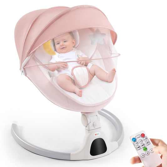 Jaoul Baby Swing for Infants - Electric Portable Newborn Bouncer With Bluetooth Touch Screen/Remote Control, Timing Function, 5 Speeds, 3 Seat Positions for Boys and Girls (Pink)