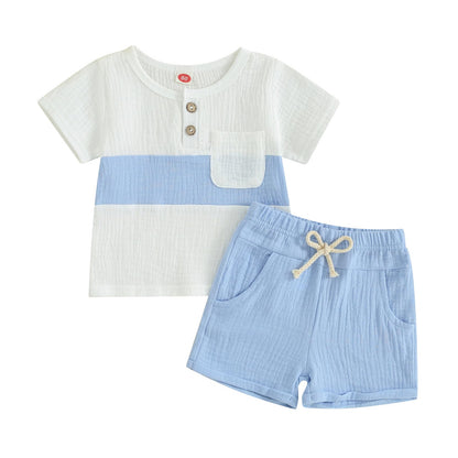 fhutpw Baby Boy Summer Outfits Henley Shirt Soft Pocket Short Sleeve Tops & Shorts Sets Infant 3 6 12 18 Months 2T Clothes