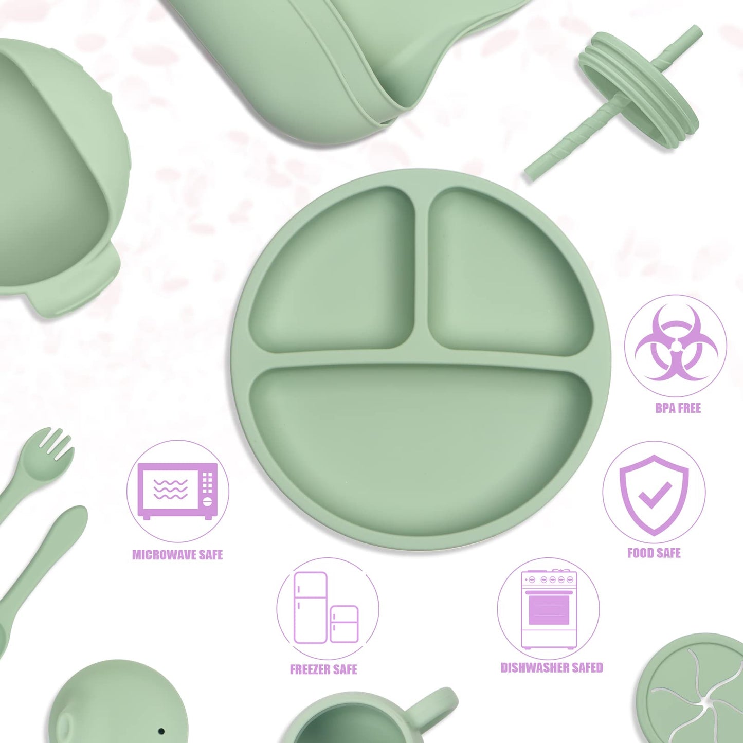 Silicone Baby Feeding Set 11 Piece, Baby Led Weaning Feeding Supplies, Strong Suction Bowl & Suction Plate, Adjustable Bibs, 4-in-1 Cup, Silicone Spoon & Fork, Food-grade Silicone (Green)