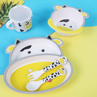 Bamboo Kids Dinnerware Set 5 Pcs Includes Plate Bowl Cup Fork Spoon Perfect for Kids BPA-Free (Little Dinosaur)