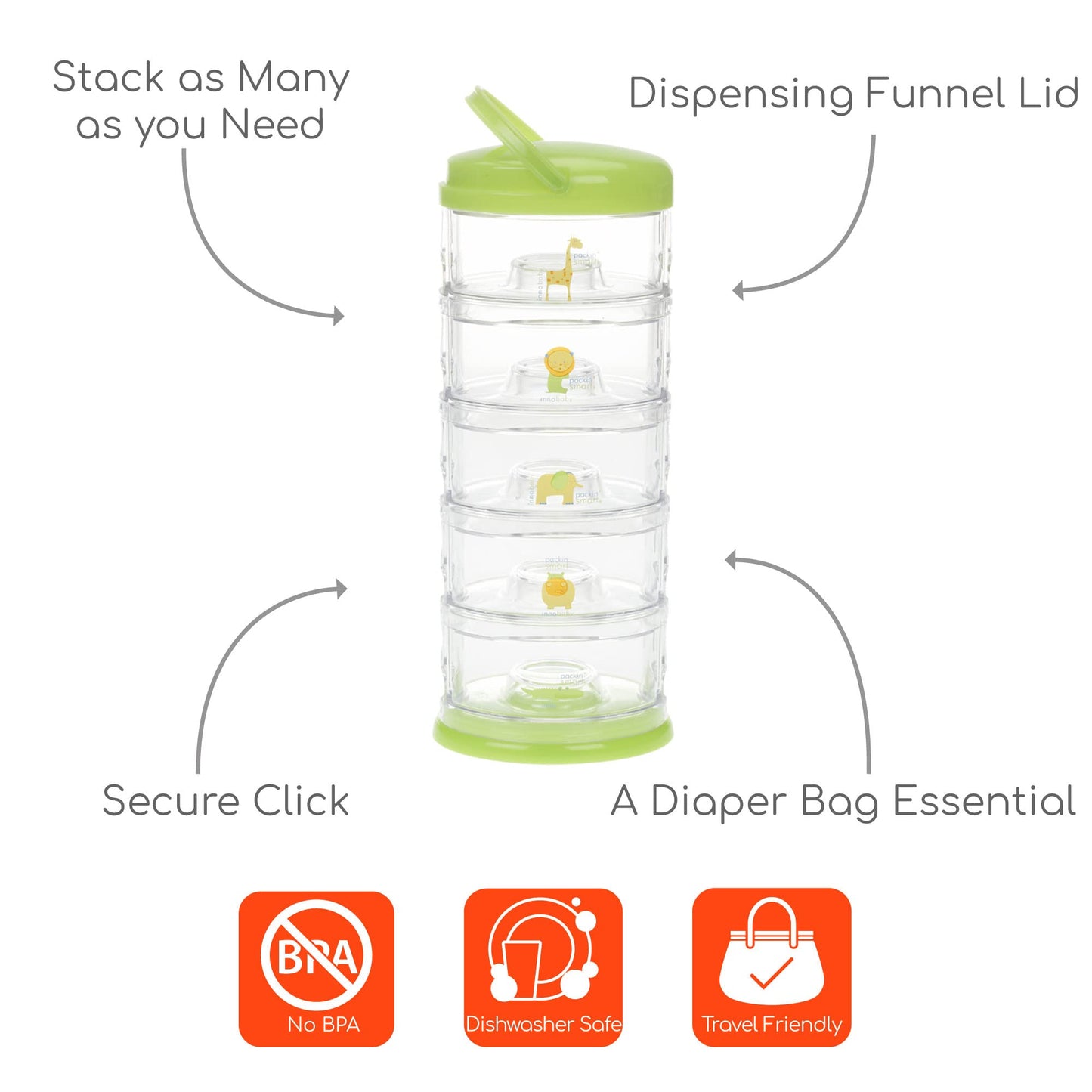 Innobaby Packin' Smart Stackable and Portable Storage System for Formula, Baby Snacks and More. 5 Stackable Cups in Lime Sorbet. BPA Free.