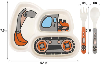 Kids Plate Set, Included Fork and Spoon 3-Piece Set - Toddler Dinnerware Dinner Dish Set - Baby Feeding Divided Plate - Child Portion Control Dish Tray (Excavators)
