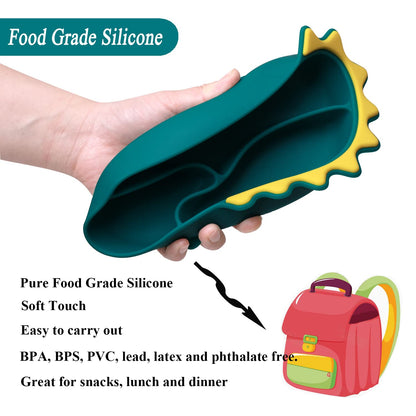 Silicone Suction Plates for Baby Toddler with Spoon Fork set Divided Dinosaurs Plates Self Feeding Training Baby Dinner Plate-Green Dinosaurs Plate Set