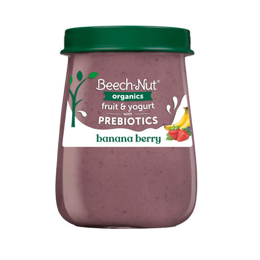 Beech-Nut Organic Fruit & Yogurt Baby Food Jars with Prebiotics, Organic Banana Berry & Yogurt Puree, Stage 2 Baby Food for Babies 6 Months and Up, Non-GMO, 4oz Glass Jars, 10ct
