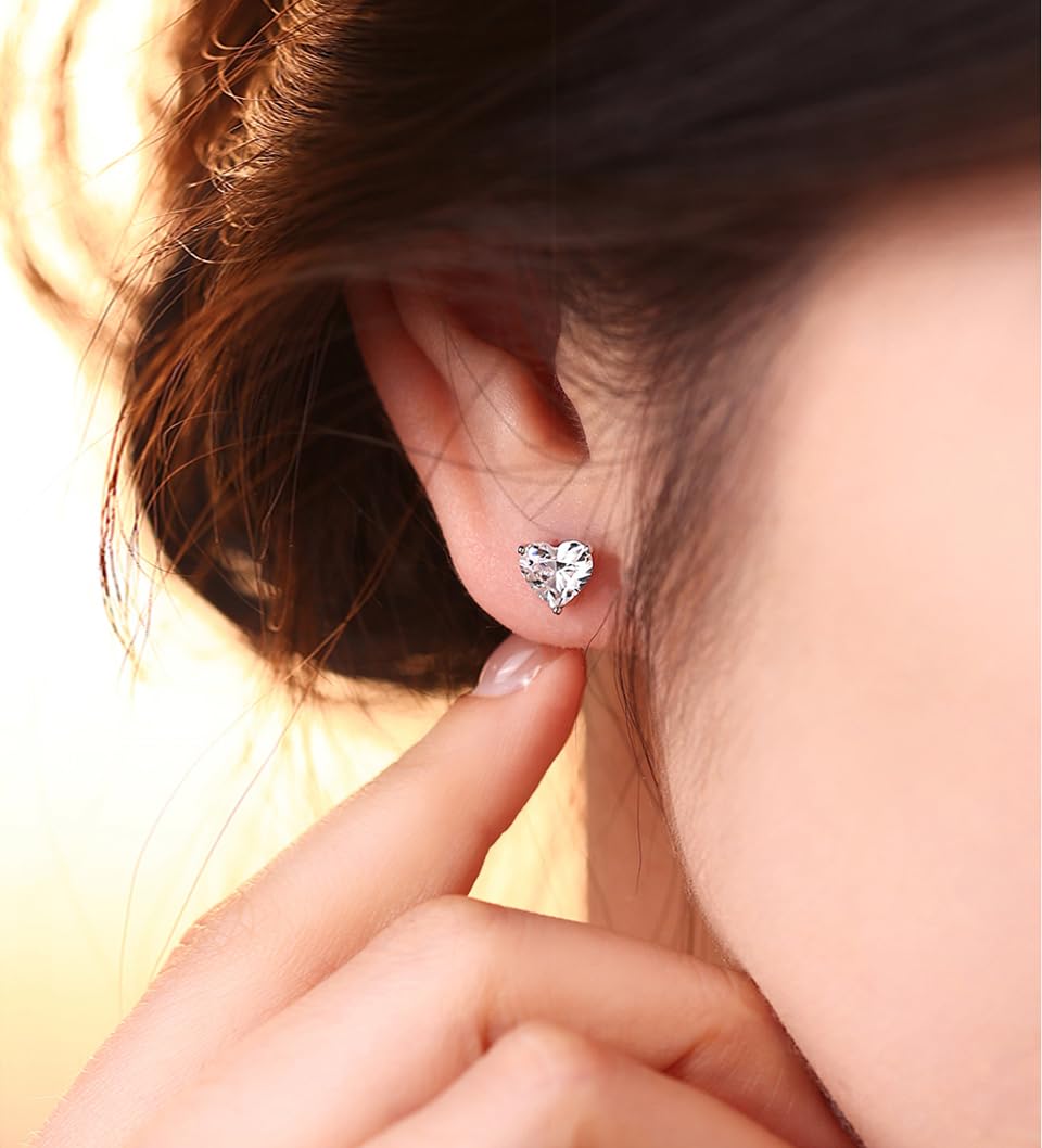 14K Gold Plated Stud Earrings 925 Sterling Silver Post Earrings Heart Love Cubic Zirconia Stud Earrings Small Cute for Women