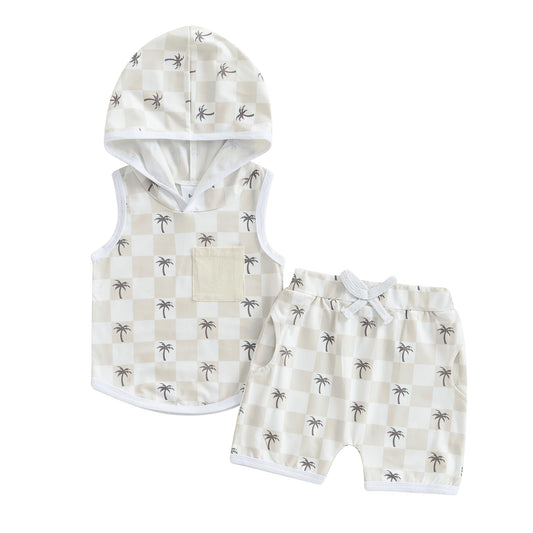 Toddler Baby Boy Summer Clothing Checkered Palm Tree Sleeveless Hoodie Tank Tops and Shorts 2Pcs Outfits Set