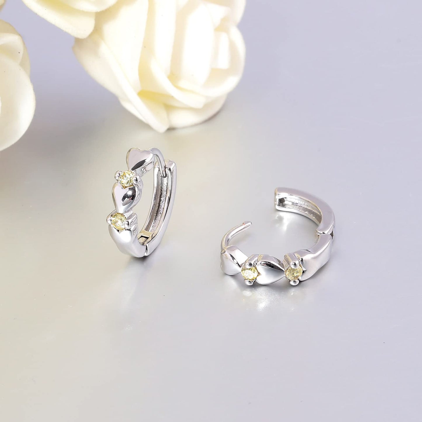 CiNily 14K White Gold Plated Small Hoop Earrings for Women Girls Heart Cubic Zirconia Hypoallergenic Earrings