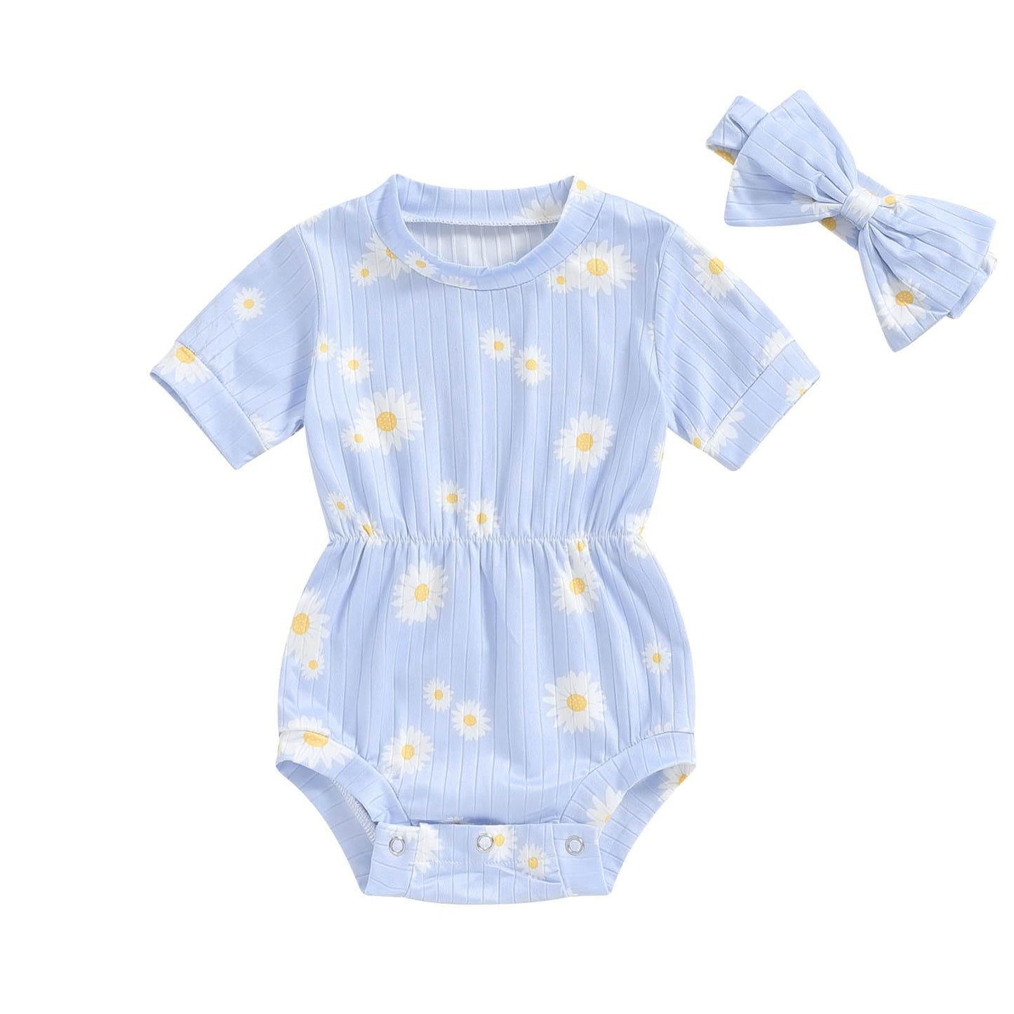 Baby Girl Summer Clothes Ribbed Short Sleeve Romper Solid Color Bodysuits Bow Headband Outfit Newborn Girl Jumpsuit