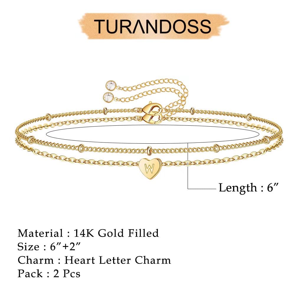 Turandoss Dainty Heart Initial Bracelets for Women Girls, 14K Gold Filled Handmade Personalized Letter Layered Heart Initial Bracelets for Women Teen Girls Jewelry Gifts