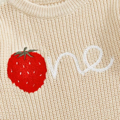 Baby Girl First Birthday Outfit One Year Old Strawberry Embroidery Knit Sweater Romper Warm Fall Winter Clothes