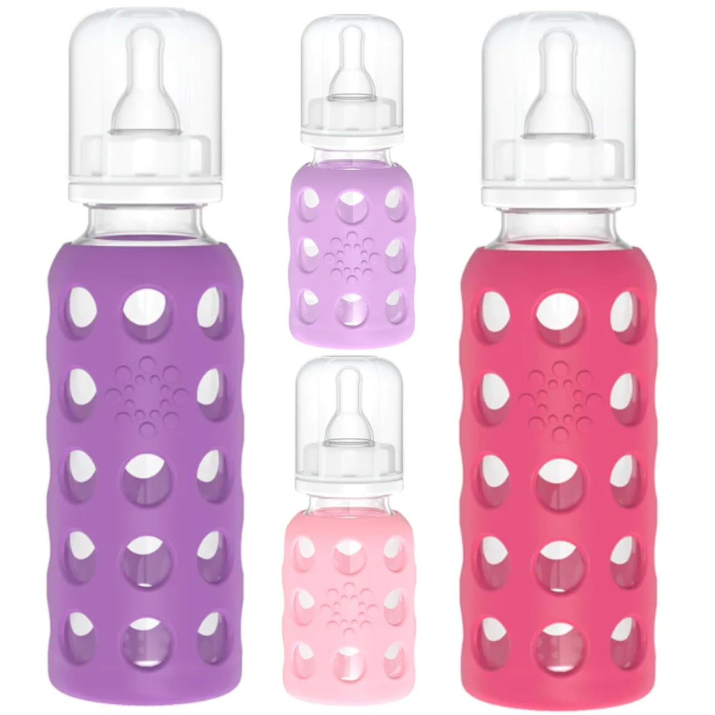Lifefactory Glass Baby Bottles with Silicone Protection - 4-PACK, 4 oz/9 oz Bottles, (1- Pink, 1- Raspberry, 1- Lavender & 1- Grape)