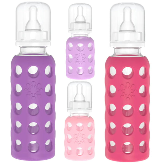 Lifefactory Glass Baby Bottles with Silicone Protection - 4-PACK, 4 oz/9 oz Bottles, (1- Pink, 1- Raspberry, 1- Lavender & 1- Grape)