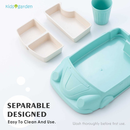 Car Plate 8Pcs/Set Bamboo Children Dinnerware Sets - Dishwasher/Microwave Safe Includes Cutlery, Beautiful Plate, Separable Bowls & Cup Happy MealTime, Light Green, YK-001