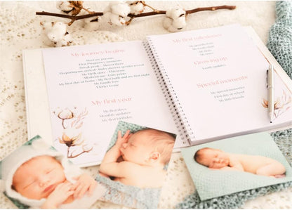Modern Neutral Keepsake Memory Book - Journal Scrapbook for Baby Girl or Boy - Photo Album, Milestones Stickers, Clean Touch Ink Pad, Keepsake Envelope - Everlasting Memories up to Age 5
