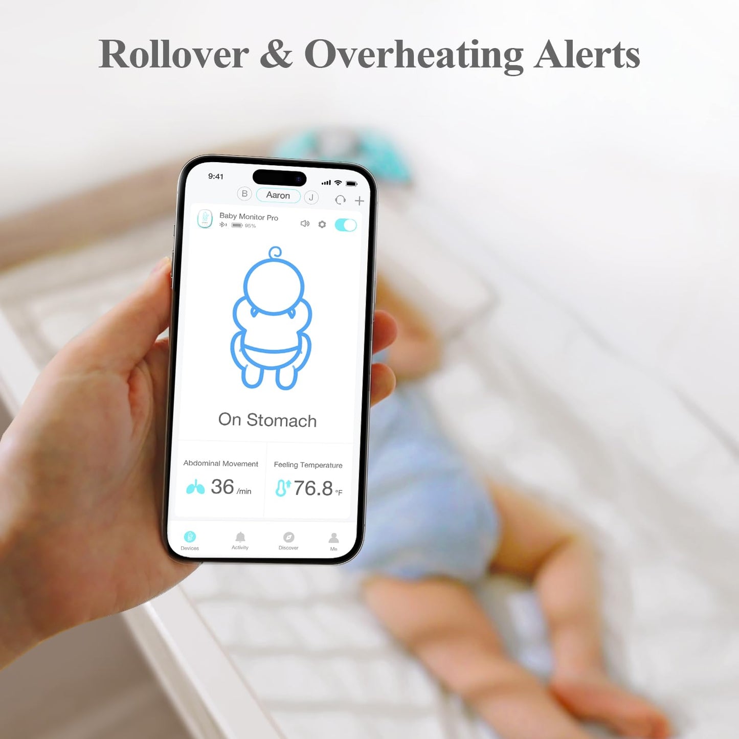 Sense-U Pro Baby Movement Monitor with Arousal Vibration, Movement/Rollover/Overheating Alerts, Audible & App Notifications, Easy Clip-On Design, Smart Sleep Monitor, FSA/HSA Eligible