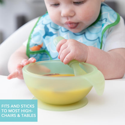 Bumkins Baby Bowls, Disney Minnie Mouse Silicone Baby Feeding Set, Suction Bowls for Baby and Toddler with Spoon, First Feeding Set, Platinum Silicone Bowl for Babies 4 Months