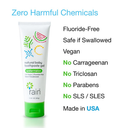 Baby Toothpaste 6 to 12 Months - Rain Fluoride Free Tooth Paste Gel for Infant Toddler Kids 0-6 Years and Up, Safe to Swallow, 2.8 Oz, Babies Training, Xylitol, Vitamin C, Vegan, SLS Free, Gluten Free