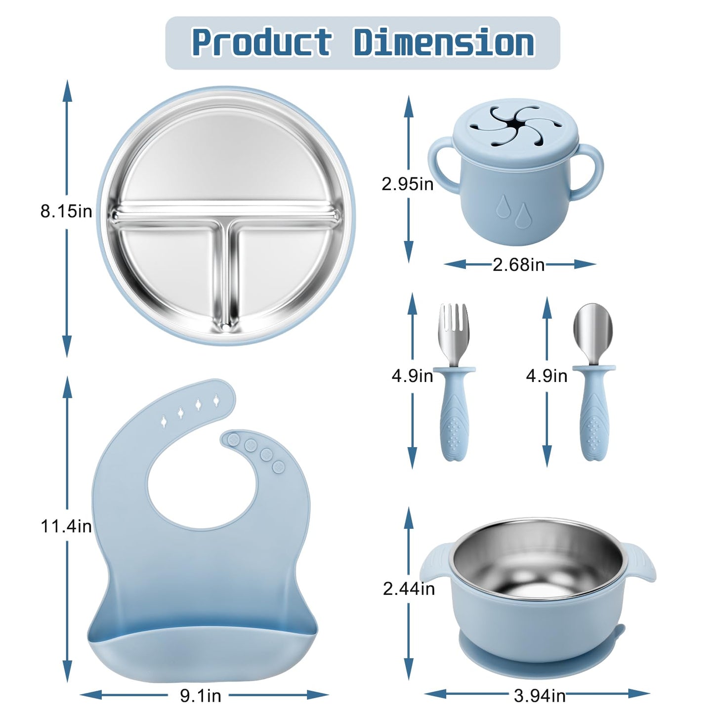 Baby Weaning Bundle, Silicone Baby Feeding Set, Comes with Detachable Silicone Stainless Steel Toddlers Plate and Bowl set, Baby Bib and 2-in-1 Water Cup and spoons (Blue)