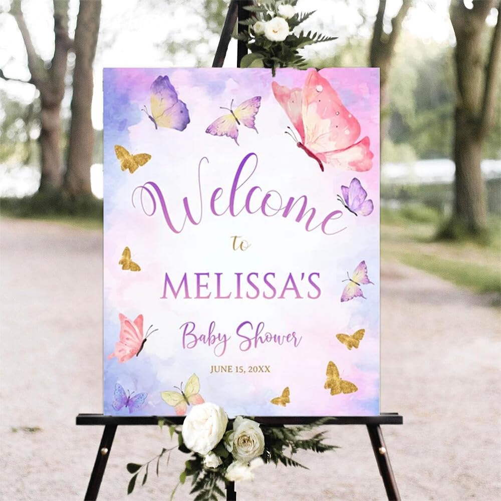 Printable Sign, Butterfly Baby Shower Welcome Sign, 12 x 18 inches to 24 x 36 inches, Corrugated Plastic, Romantic Style