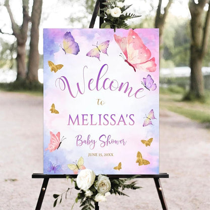 Printable Sign, Butterfly Baby Shower Welcome Sign, 12 x 18 inches to 24 x 36 inches, Corrugated Plastic, Romantic Style