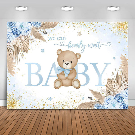 Mocsicka Girl Bear Backdrop Pink Boho Pampas Grass Background We Can Bearly Wait Baby Shower Party Cake Table Decoration Photo Booth Props (7x5ft)