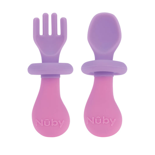 Nuby First Fork and Spoon Set - Utensils with Safety Guards for Babies 6+ Months - Green and Blue