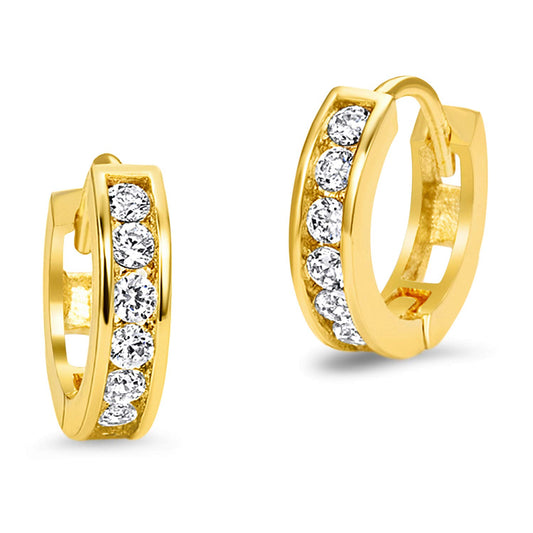 14k Yellow and White Gold 2.25mm Cubic Zirconia Channel Huggie Children Baby Girls Earrings