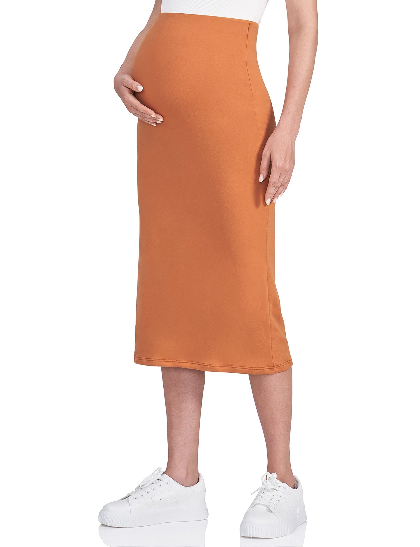 POSHDIVAH Women's Maternity Skirt Over The Belly Midi High Waisted Solid Stretchy Pregnancy Pencil Skirt