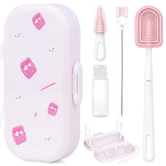 6-in-1 Travel Baby Bottle Brush Cleaning Kit, Travel Bottle Cleaner Kit with Silicone Bottle Brush, Nipple Brush, Straw Brush, Drying Rack, Dispenser, Organizer, Baby Travel Essential - Pink
