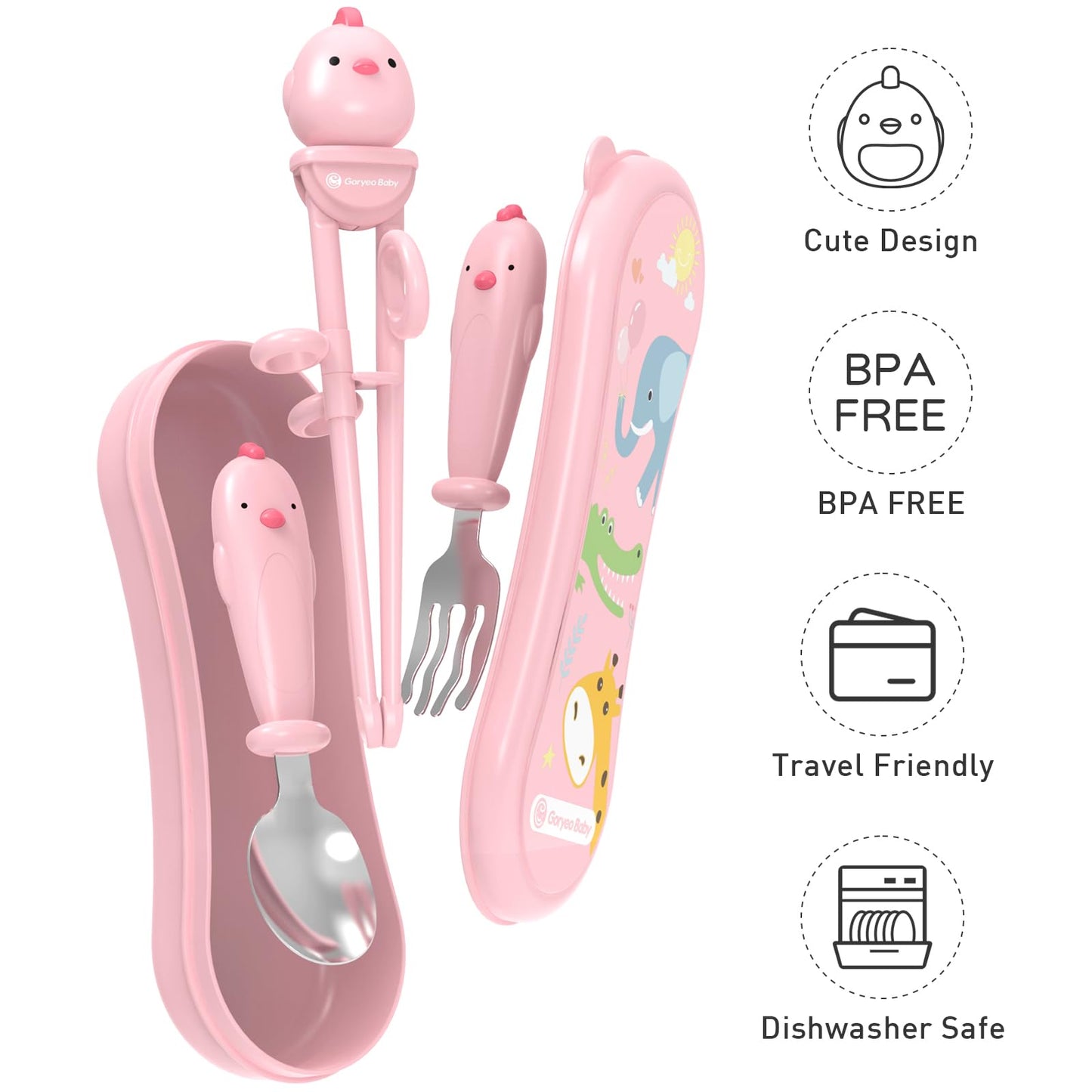 Toddler Utensils Stainless Steel Kids Silverware Set with Kids Spoons and Forks Set and Kids Chopsticks for Self Feeding Learning with Portable Case