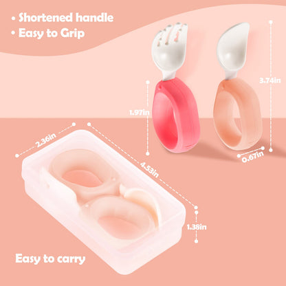 Baby Self Feeding Training Spoon and Fork Set with Travel Case, BPA-Free Cute Circle Toddler Training Utensils, Silicone/ABS Great Tableware Set Spoons Fork for Kids(Yellow)