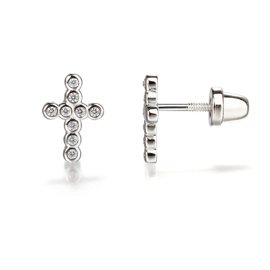 Cherished Moments Children's Sterling Silver or Gold-Plated Cross Earrings with CZs and Safety Screw Backs for Baptism, Christening and First Communion Gifts for Girls