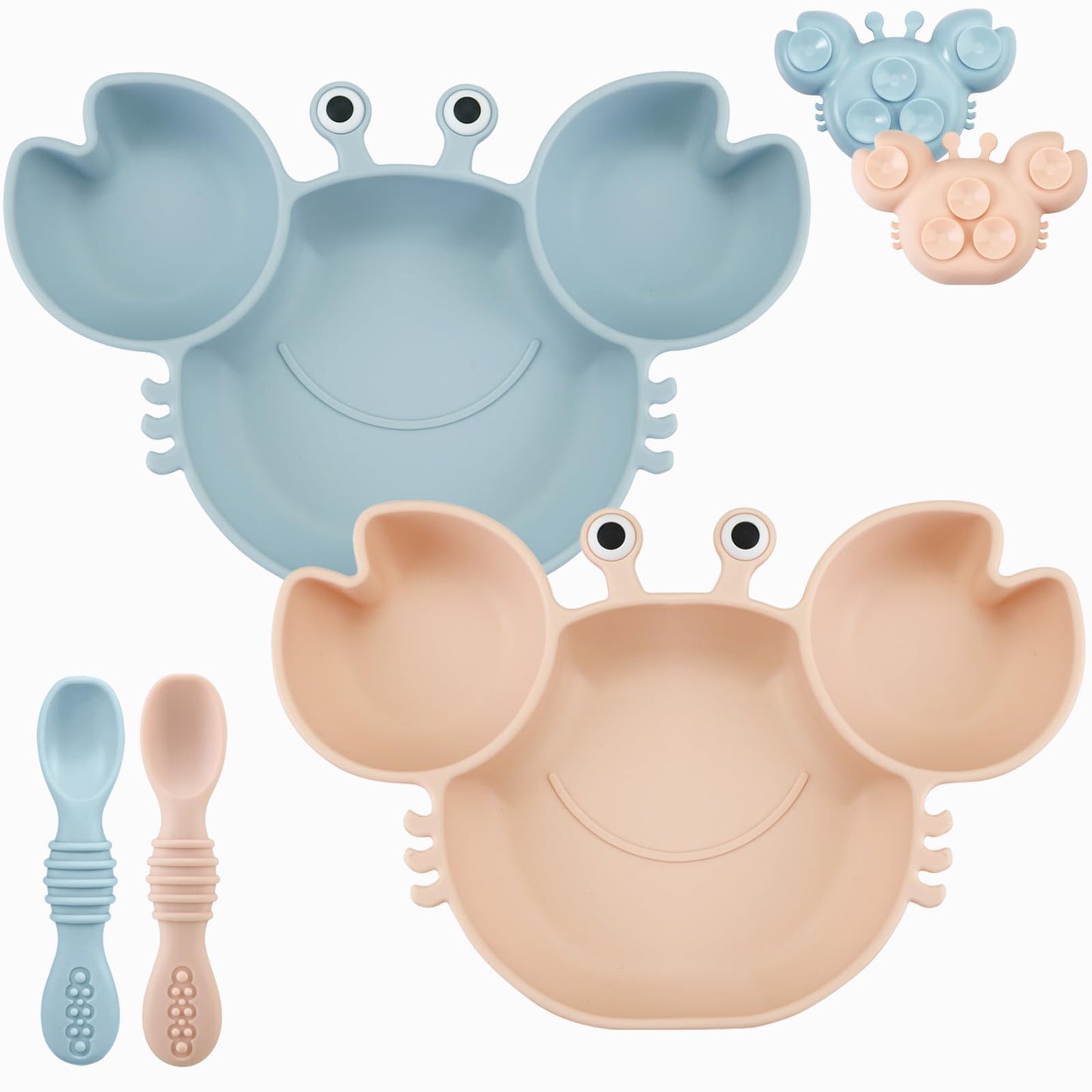 PandaEar 2 Pack Silicone Suction Plate for Baby, Divided Unbreakable Toddler Food Plate with 2 Pack Spoons for Self Feeding, Toddler Utensils Feeding Set Baby Eating Supplies, Crab Shape -Blue&Green