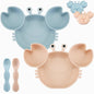 PandaEar 2 Pack Silicone Suction Plate for Baby, Divided Unbreakable Toddler Food Plate with 2 Pack Spoons for Self Feeding, Toddler Utensils Feeding Set Baby Eating Supplies, Crab Shape -Blue&Green