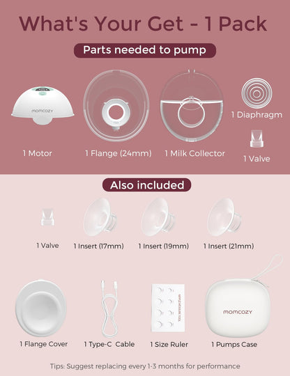 Momcozy M5 Hands-Free Wearable Breast Pump, Double-Sealed Flange for Baby-Like Comfort, 3 Modes & 9 Suction Levels, Portable Electric Pump – 24mm, 2-Pack Quill Gray