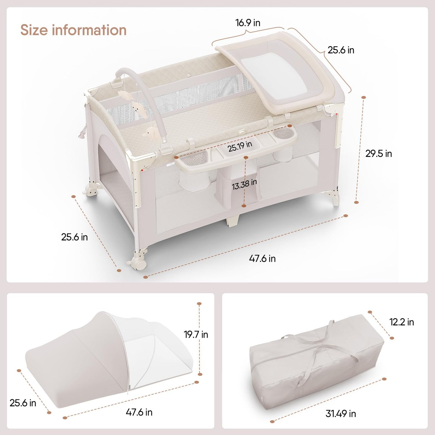 4 in 1 Baby Bassinet, Pack and Play, Bedside Crib Sleeper, Diaper Changer - Comes with Mattress, Mosquito Net，Bottom Storage and Toy Bar for Newborn to Toddles