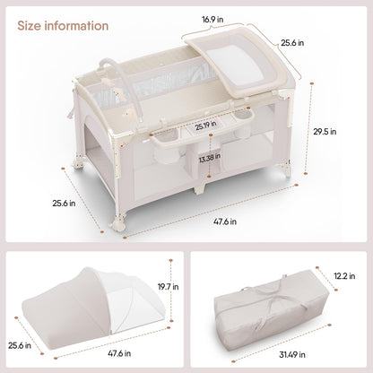 4 in 1 Baby Bassinet, Pack and Play, Bedside Crib Sleeper, Diaper Changer - Comes with Mattress, Mosquito Net，Bottom Storage and Toy Bar for Newborn to Toddles