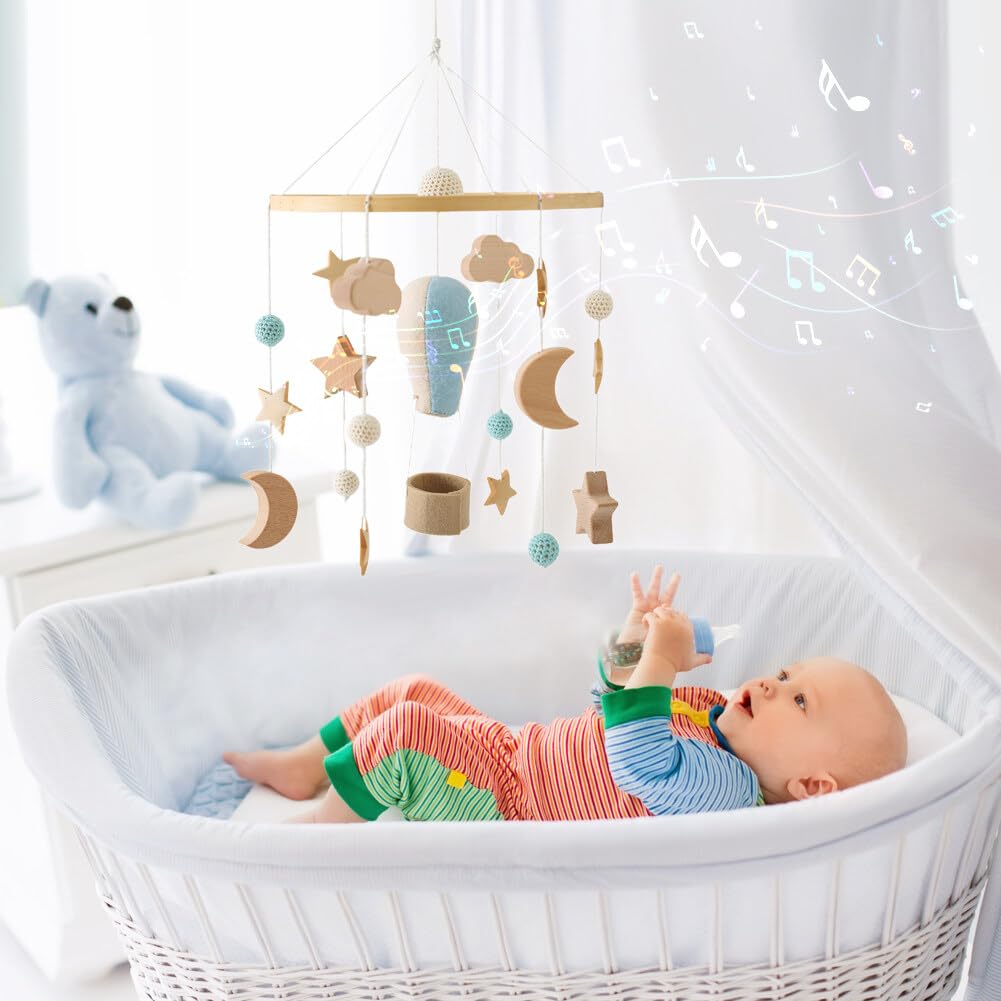 Baby Crib Mobile for Boys Girls, Wooden Boho Nursery Mobile Hot Air Balloon Stars Moon Space Bed Bell Hanging Toys Pendant Wind Chimes Decorations, Blue