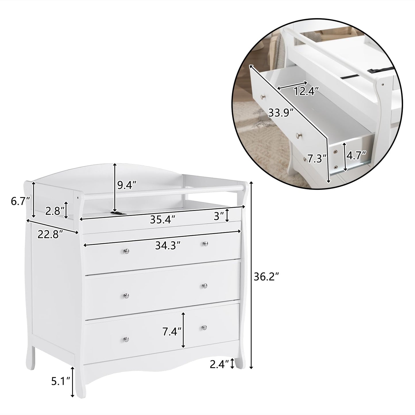 3-Drawer Changing Table, Safety Rails & Strap, Infant Diaper Changing Station with Drawers, Baby Diaper Changing Table Dresser for Nursery, Easy Assembly (White)