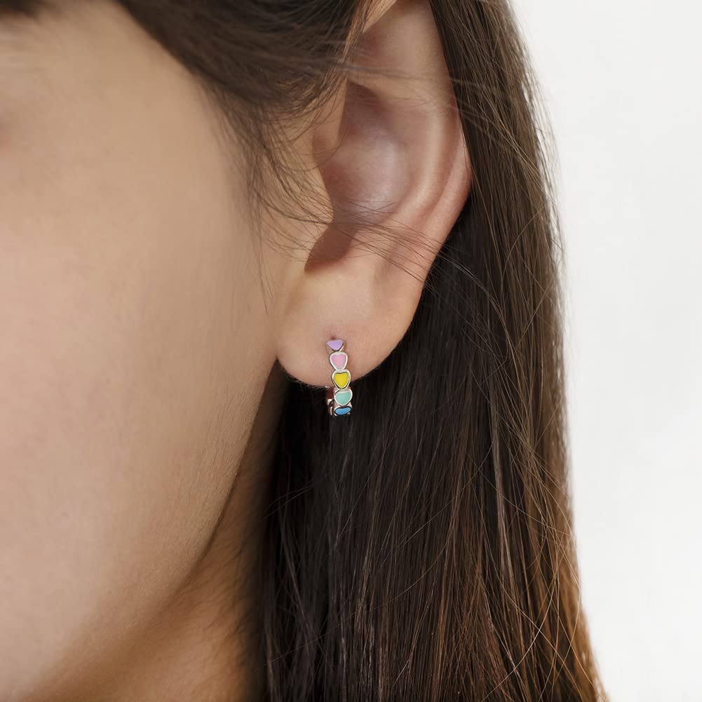 925 Sterling Silver Tiny Heart Enamel Huggie Hoop Earrings - Multicolored Heart Themed Hoops
