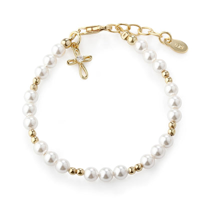 Cherished Moments Children's 14K Gold-plated Bracelet and/or Necklace with High-End Simulated Pearls and Cross Charm for Baptism, Christening or First Communion Gift for Girls