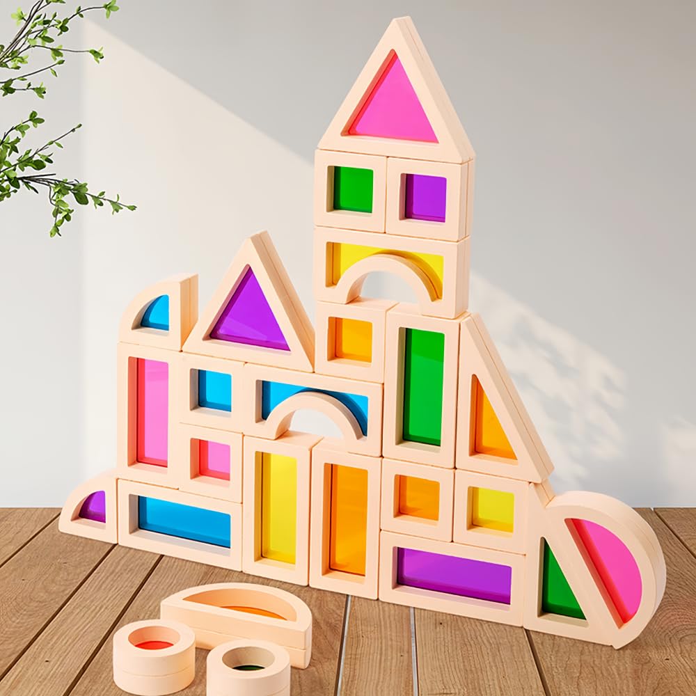 Rainbow Sensory Toys Blocks,15 Large Pcs Wooden Building Blocks for Toddlers Baby Kids,Colorful Geometric Stacking Toys, Preschool Educational Toy Set.