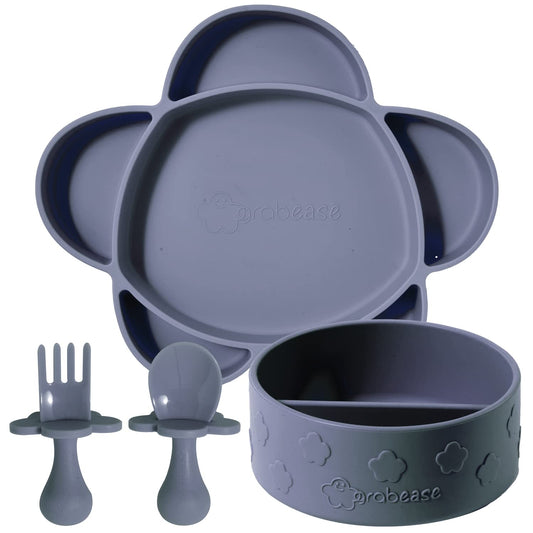 grabease Baby Essentials Must-Haves - Complete Feeding Set for Baby-Led Weaning and Portion Control - Suction Bottoms 4 Piece Set, BPA and Phthalates-Free, Blush